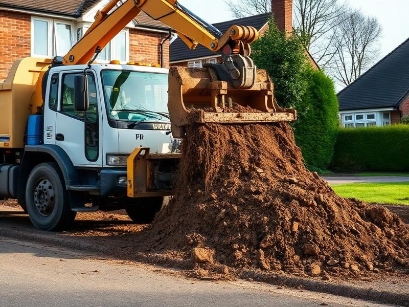 Grab lorry removing excavated soil from a residential driveway